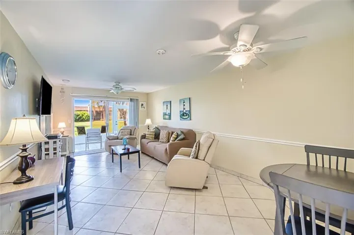 Living room with tile laid on a diagonal