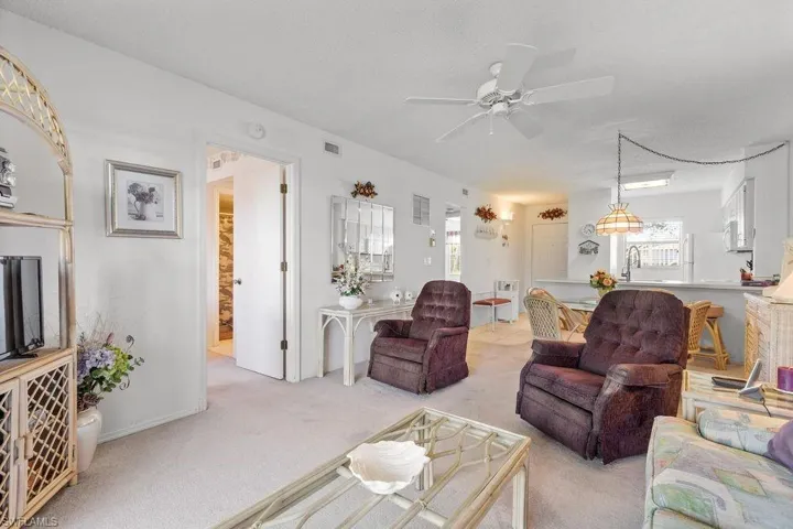 Living room featuring sink, carpet, and ceiling fan