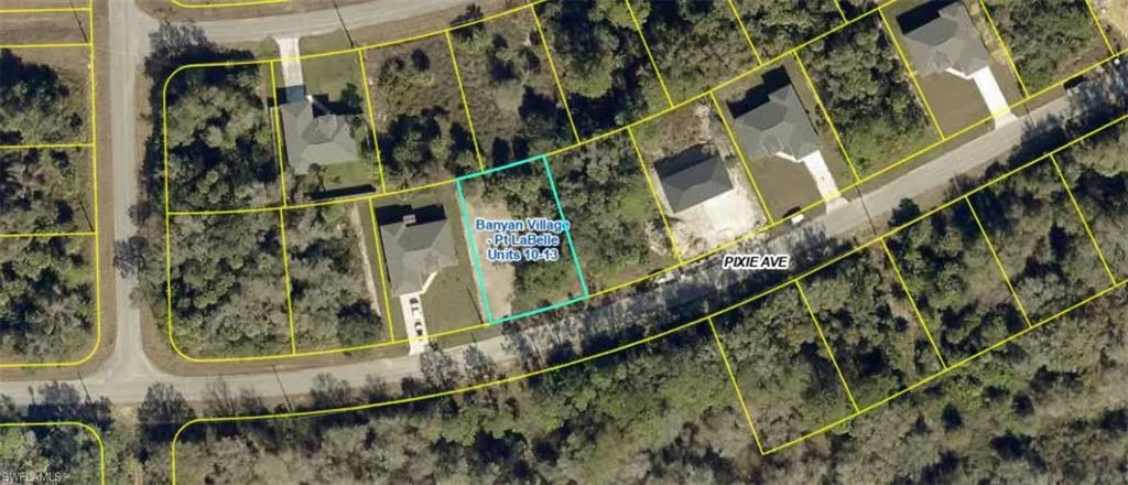 Aerial overview of property's location featuring property boundaries highlighted