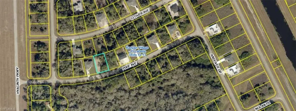 Aerial map of property and surrounding area featuring property boundaries highlighted