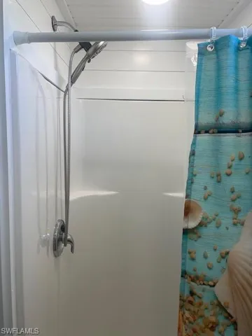 Interior details featuring a shower with shower curtain
