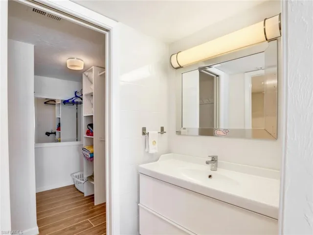 Bathroom featuring wood finished floors and vanity