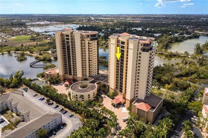 Aerial Front view of Riva Del Lago High-rise. Unit is 1603 in the North building.