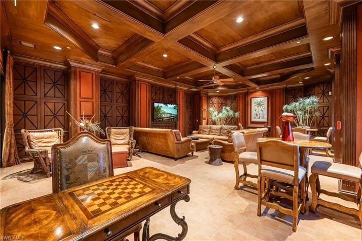 Community Media room with wooden coffered ceiling anyone for a game of chess!