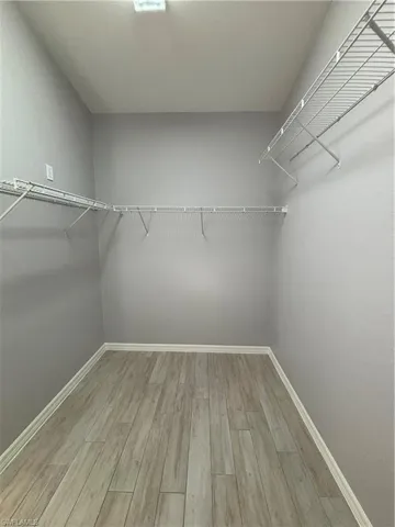 Walk in primary closet featuring light wood-type tile flooring