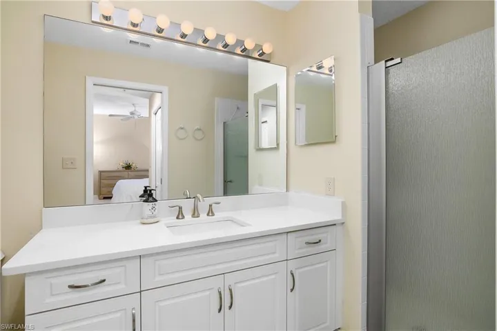 Primary Ensuite bathroom featuring ceiling fan, visible vents, a stall shower, vanity, and ensuite bathroom