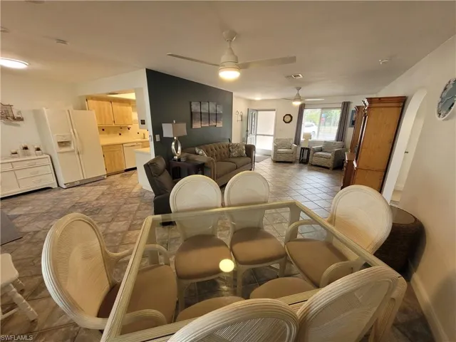 Dining space with a ceiling fan