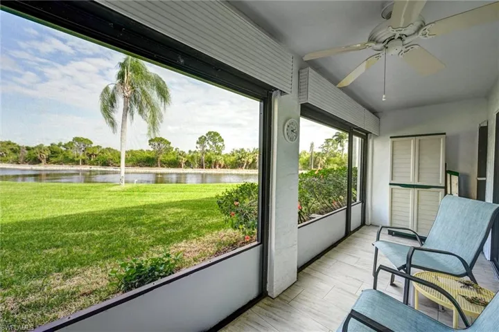 Enjoy relaxing views of the lake and preserve beyond from your Lanai with newer porcelin tile flooring. Manual hurricane shutters