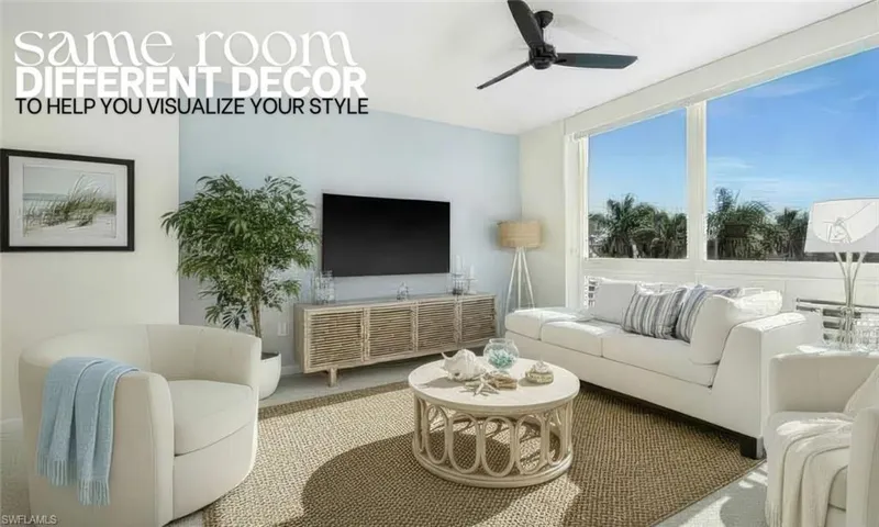 Virtually Furnished  Carpeted living room with a ceiling fan