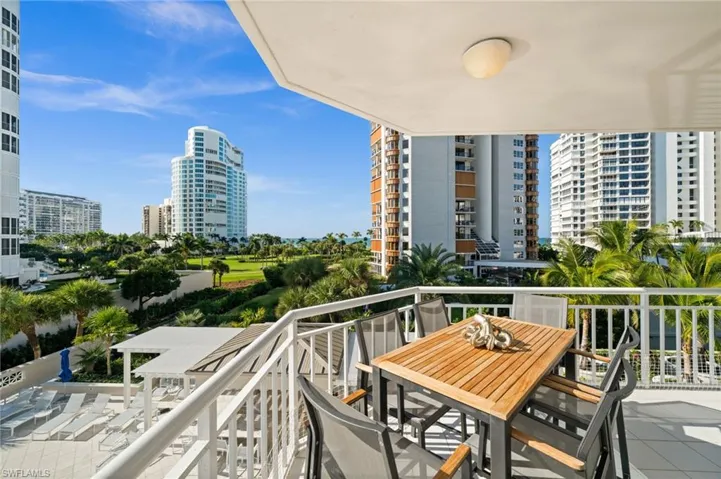 Balcony featuring a city view and outdoor dining area
