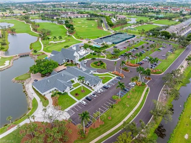 Aerial view of a large body of water and a golf course