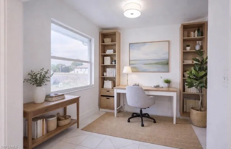 Staged - Office area with built in shelves and light tile patterned floors
