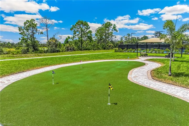 Manicured putting green with multiple holes, paver walkway, lush green lawn, and mature palm trees
