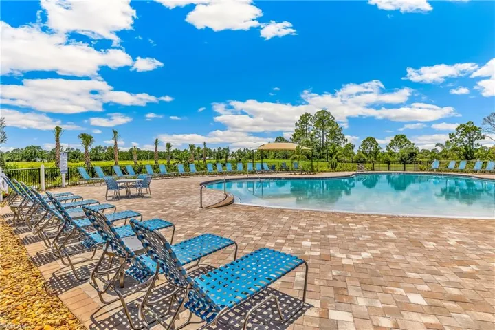 Curved swimming pool with an integrated entry ramp, surrounded by a paver deck