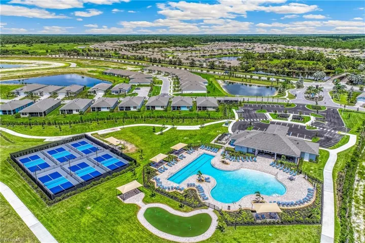 Expansive community featuring a resort-style swimming pool, multiple tennis courts, a putting green, and a central clubhouse with ample parking