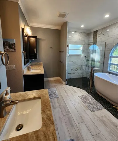 Bathroom featuring vanity, crown molding, and independent shower and bath