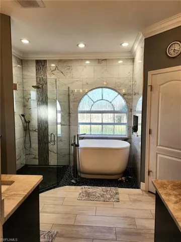 Bathroom featuring plus walk in shower, vanity, and ornamental molding