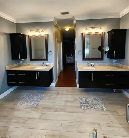 Bathroom featuring vanity, wood-type flooring, and ornamental molding