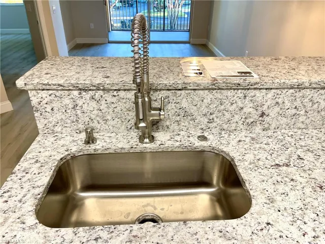 View of a modern deep stainless steal sink with disposal.