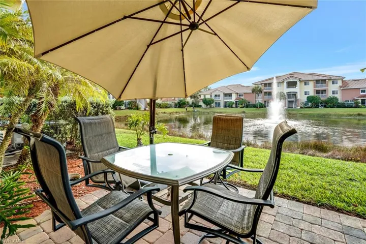 View of patio with a water view and outdoor dining space