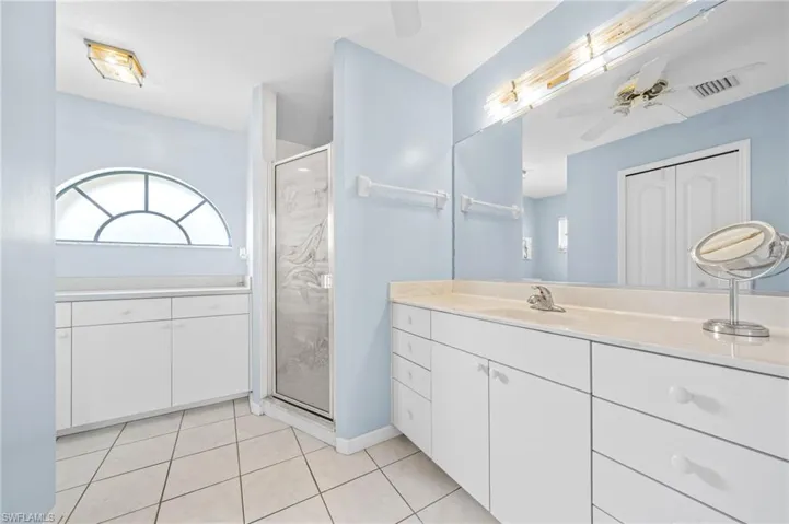 Full bathroom with tile patterned flooring, a shower stall, vanity, and ceiling fan