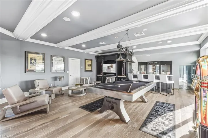 Recreation room with recessed lighting, billiards, crown molding, and beam ceiling