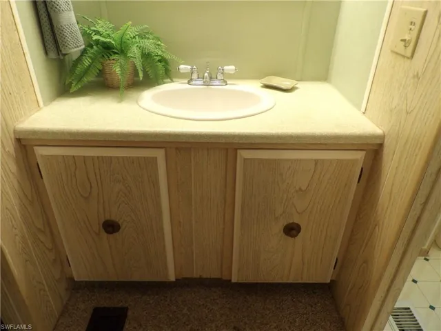 Bathroom featuring vanity and dark colored carpet