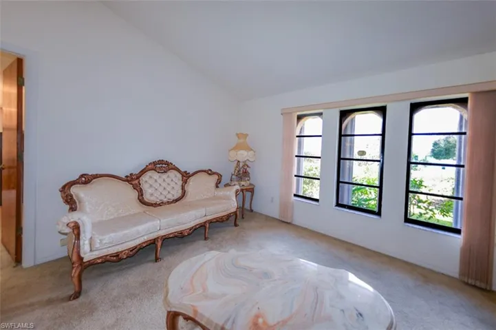 Sitting room with light carpet and lofted ceiling