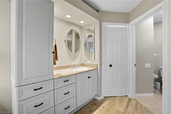Bathroom featuring wood-look flooring and a light-toned vanity with a single sink