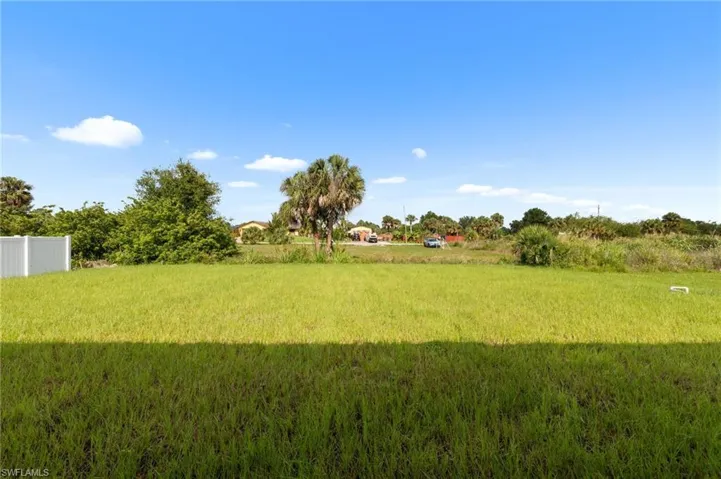 Expansive backyard featuring a large green lawn, partial white vinyl fencing, and mature tropical vegetation along the perimeter