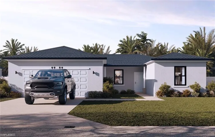 Single story home featuring an attached garage, stucco siding, driveway, and a front yard