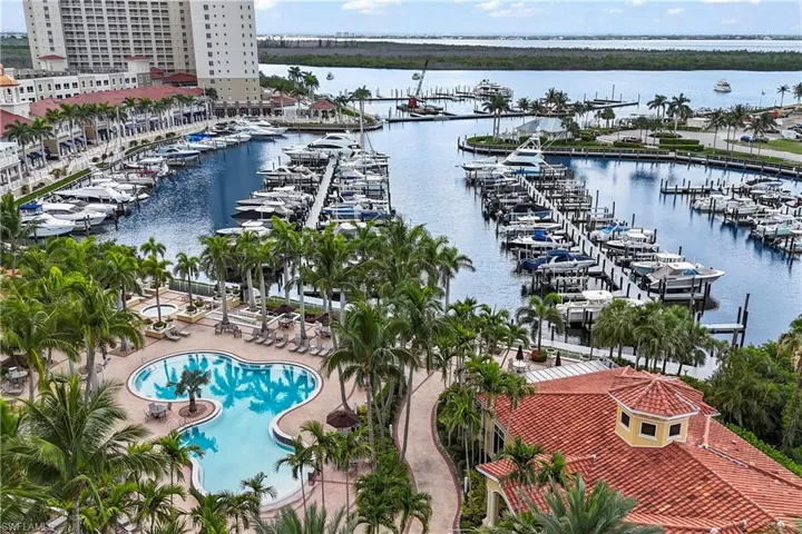 Aerial view of a Pool, Spa, Clubhouse and Marina
