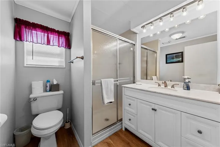 Bathroom with toilet, a stall shower, wood finished floors, and vanity