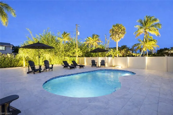 View of swimming pool featuring a fenced backyard and a patio Virtually Edited