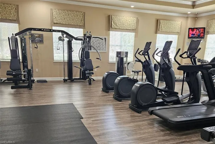 Gym featuring dark hardwood / wood-style flooring and crown molding