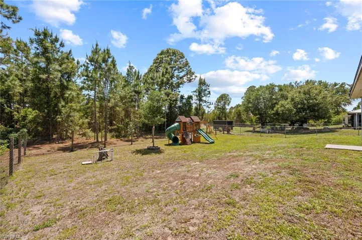 Expansive backyard featuring a partially fenced perimeter, mature tree line, open green space, and a visible play structure