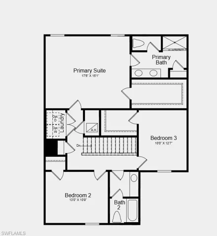 Second Floor Plan - Additional Highlights Include: GE refrigerator, laundry appliance package, extended flooring on first floor, window blinds throughout, and vertical blinds on the sliding doors