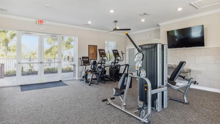 Workout area featuring crown molding, french doors, and carpet flooring