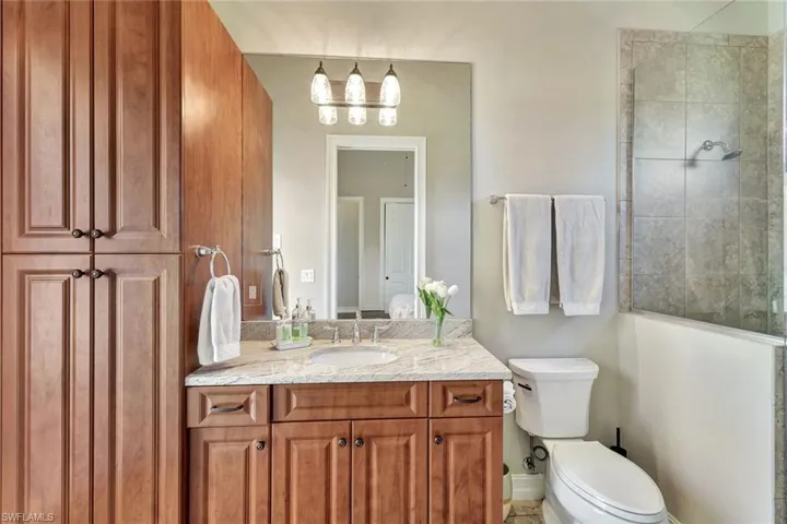 Full bath with toilet, walk in shower, and vanity