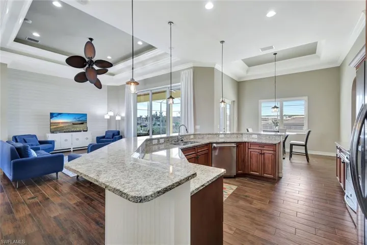 Kitchen featuring a sink, open floor plan, stainless steel dishwasher, dark wood-style floors, and a tray ceiling