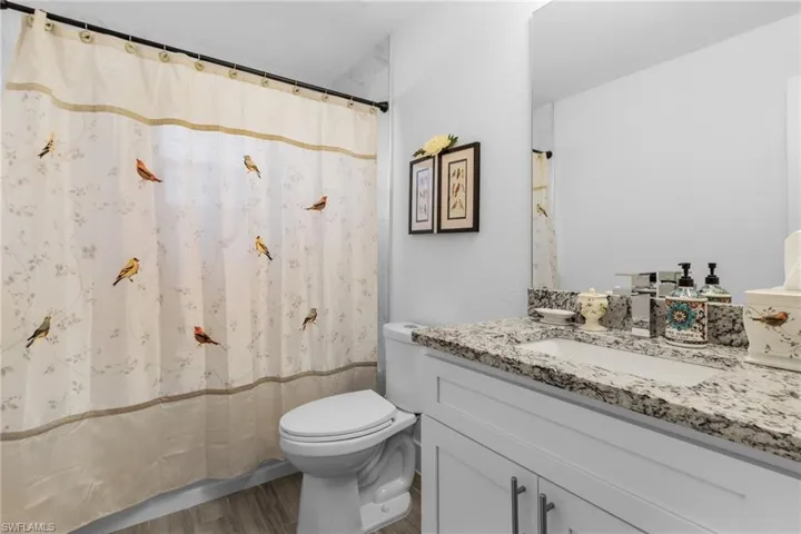 Bathroom with vanity, hardwood / wood-style flooring, and toilet