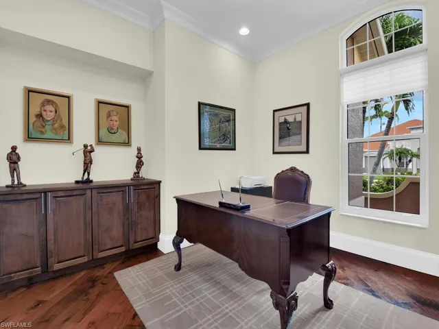 Office with crown molding, dark wood finished floors, and recessed lighting