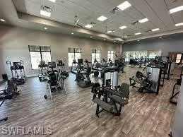 Workout area with wood finished floors, a wealth of natural light, and a paneled ceiling