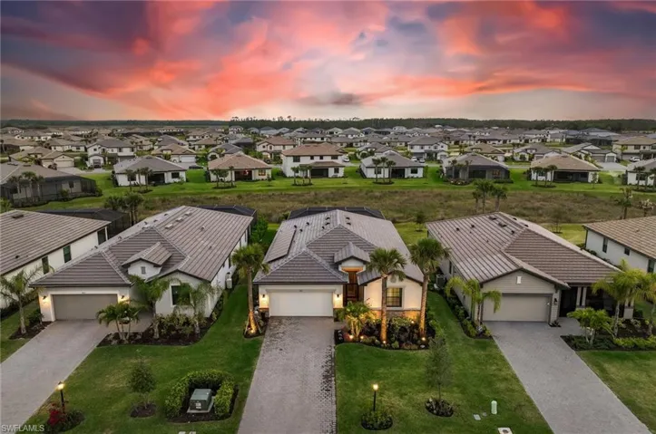 Aerial view at dusk with a residential view