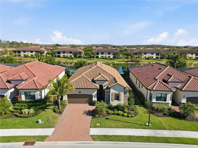 Aerial view of residential area with a large body of water