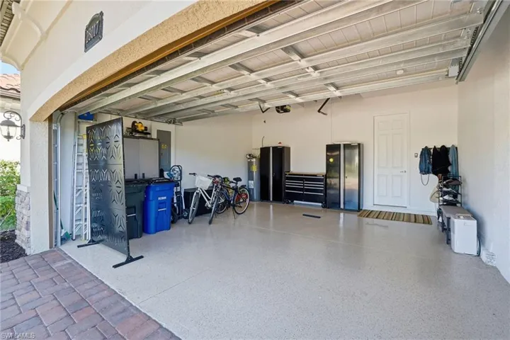 Garage featuring electric panel and water heater