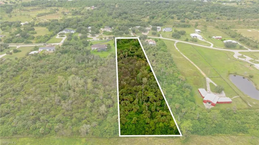 Aerial view of property and surrounding area featuring a forest and property boundaries highlighted