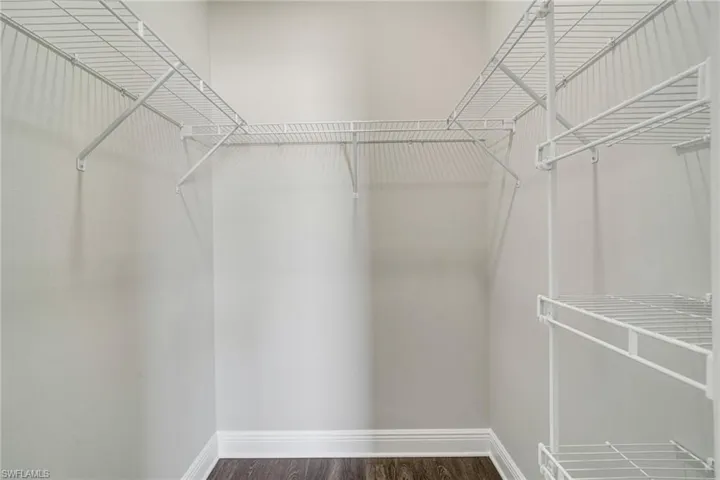 Walk in closet with dark wood-style floors