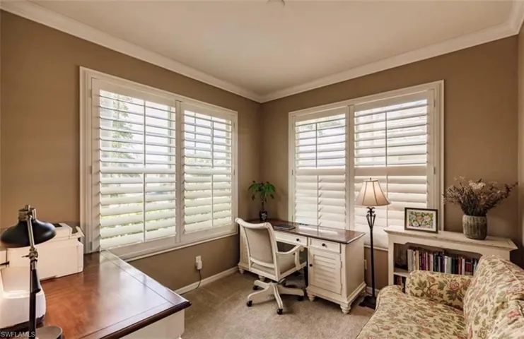 Carpeted office space with crown molding and plenty of natural light