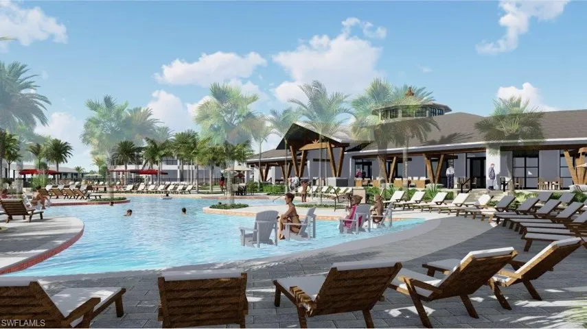Community pool with a patio